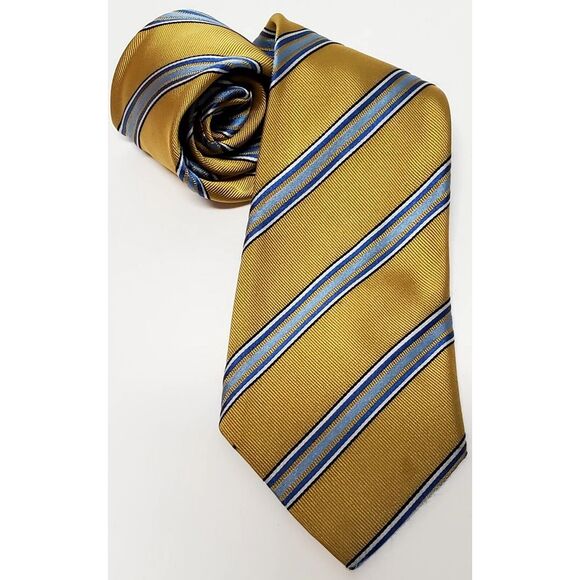 Ermenegildo Zegna Necktie Made in Italy Chartreuse Yellow Green/ White/Blue Tie - Picture 5 of 10